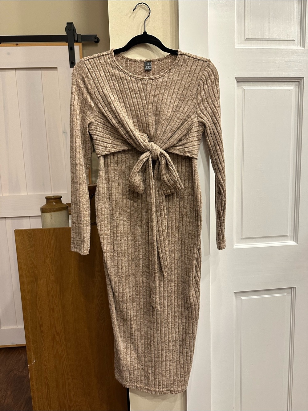 shein beige dress | Dresses | Shein Ribbed Tiefront Long Sleeve Midi Maxi dress